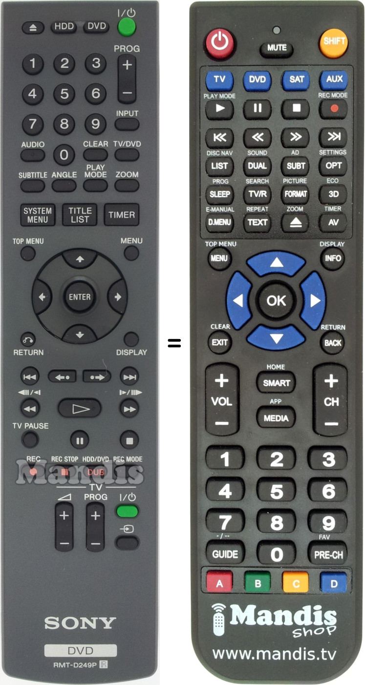 Comandos à distância equivalente Sony RM-TD249P