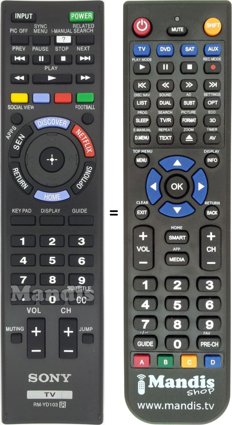 Comandos à distância equivalente Sony RM-YD103