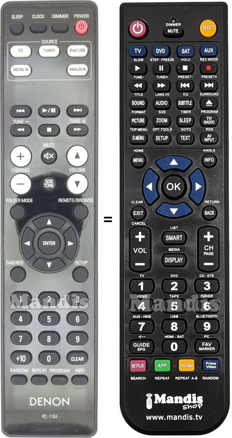 Comandos à distância equivalente Denon RC-1162