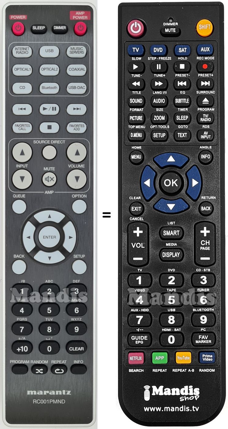Comandos &agrave; dist&acirc;ncia equivalente Marantz RC001PMND