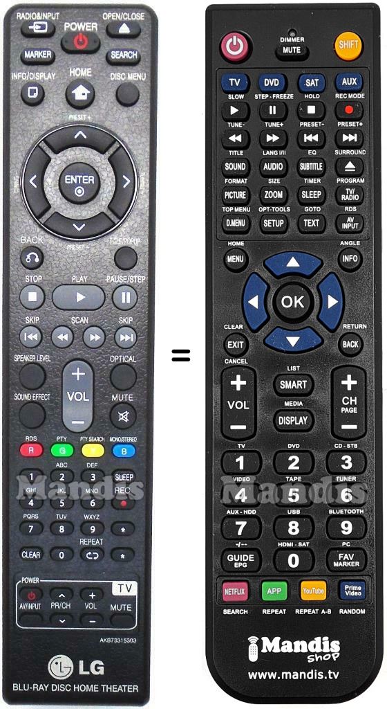 Comandos &agrave; dist&acirc;ncia equivalente LG AKB73315303