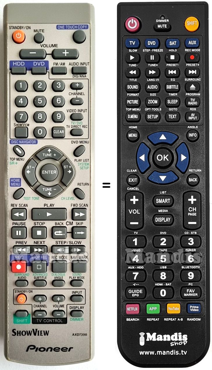 Comandos à distância equivalente Pioneer AXD7398