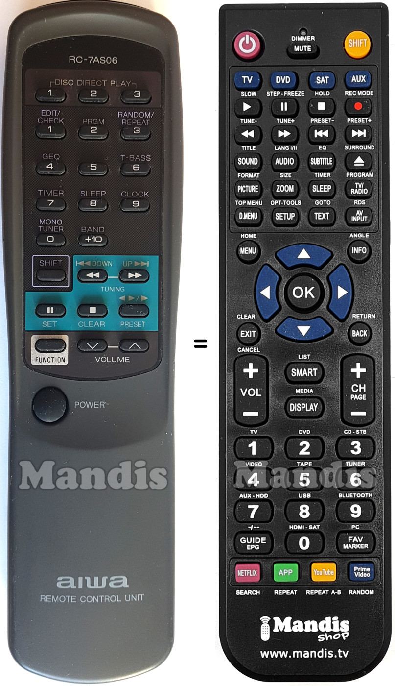 Comandos à distância equivalente Aiwa RC-7 AS 06