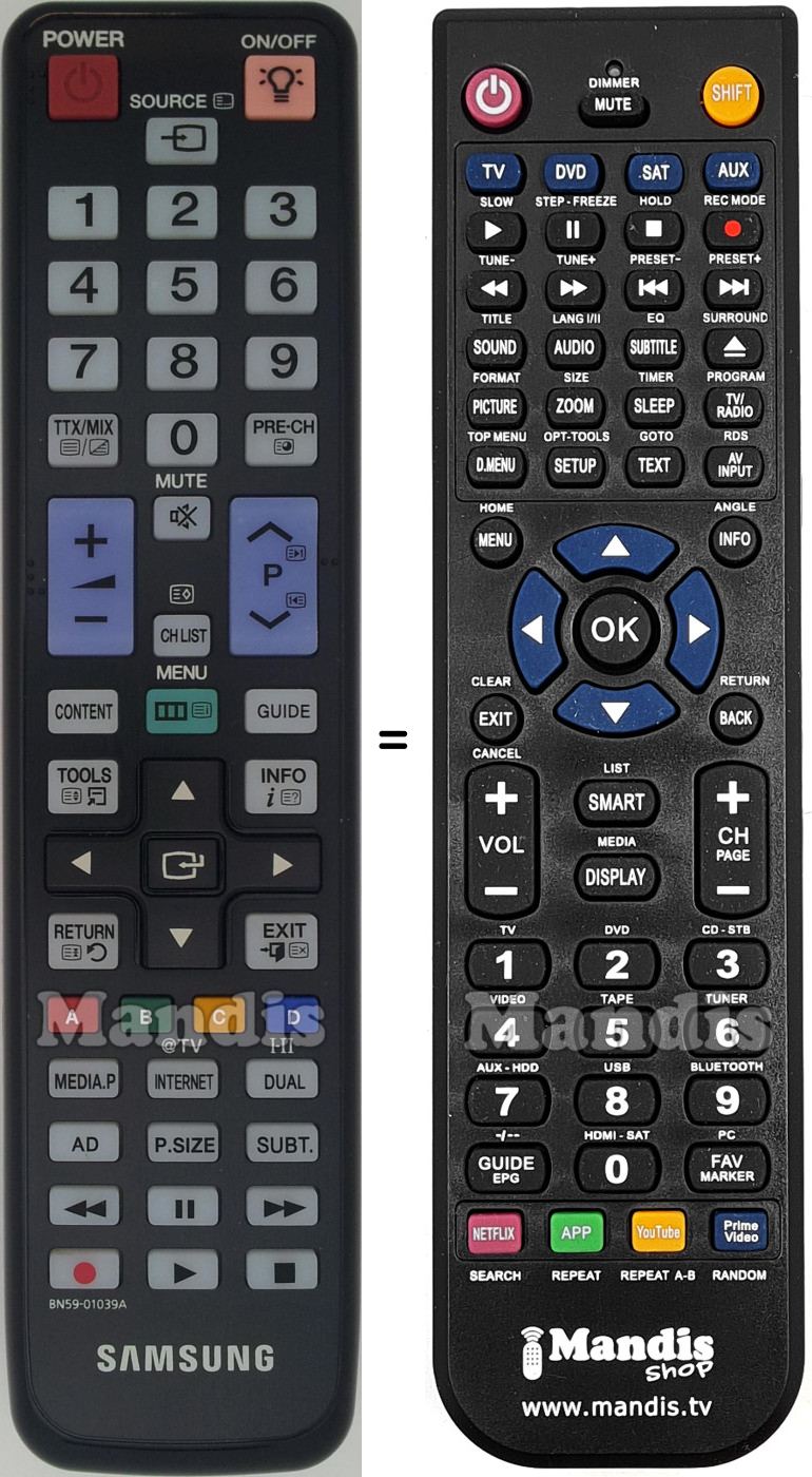 Comandos &agrave; dist&acirc;ncia equivalente Samsung BN59-01039A