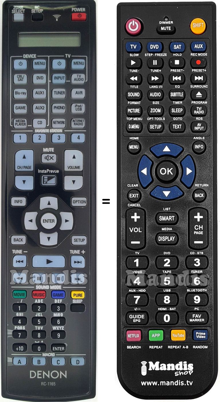 Comandos à distância equivalente Denon RC-1165