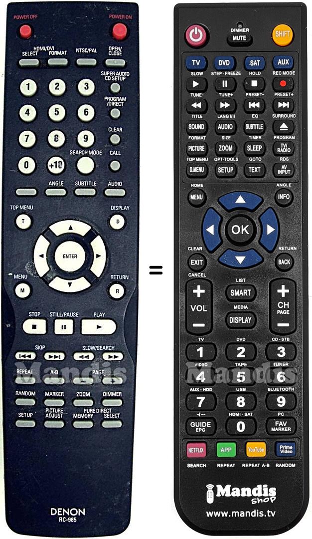 Comandos &agrave; dist&acirc;ncia equivalente Denon RC-985