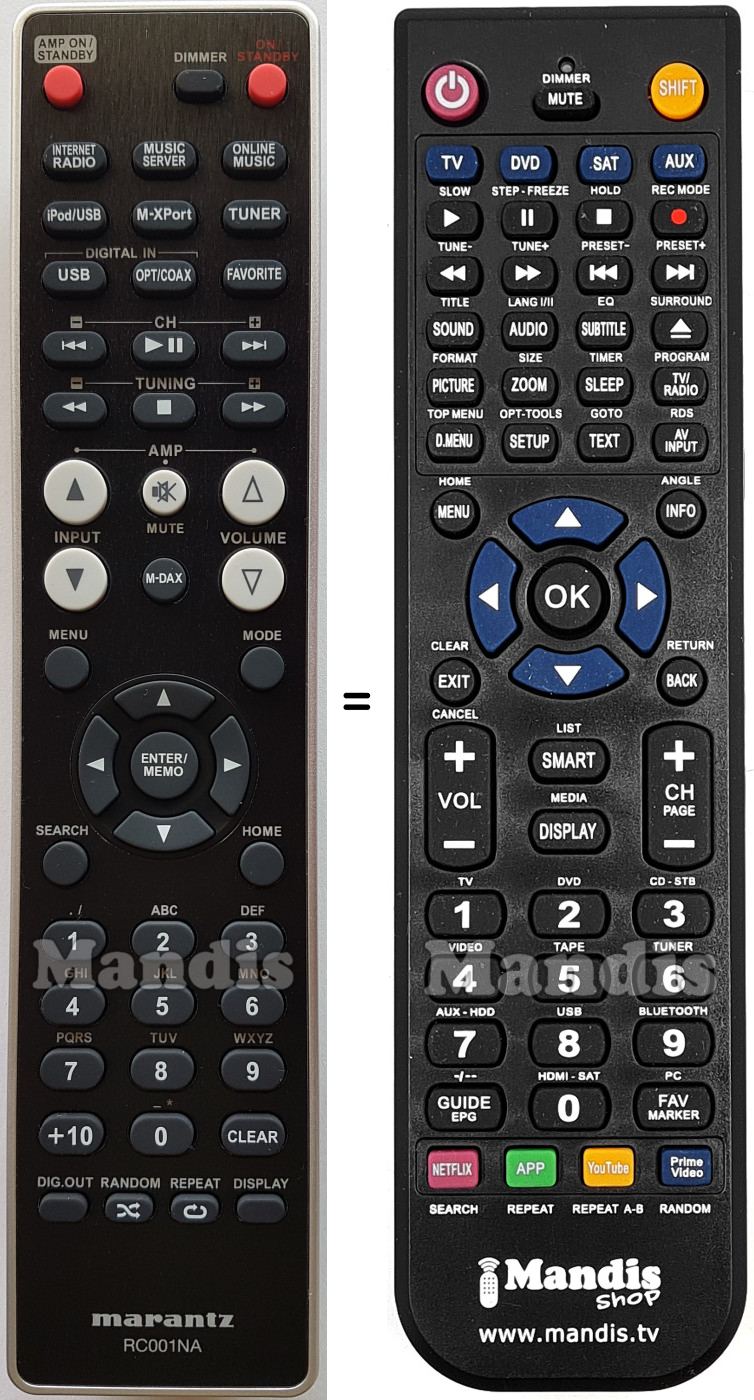 Comandos à distância equivalente Marantz RC001NA