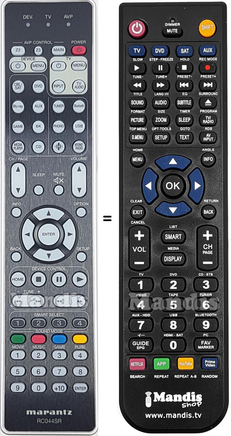 Comandos &agrave; dist&acirc;ncia equivalente Marantz RC-044SR