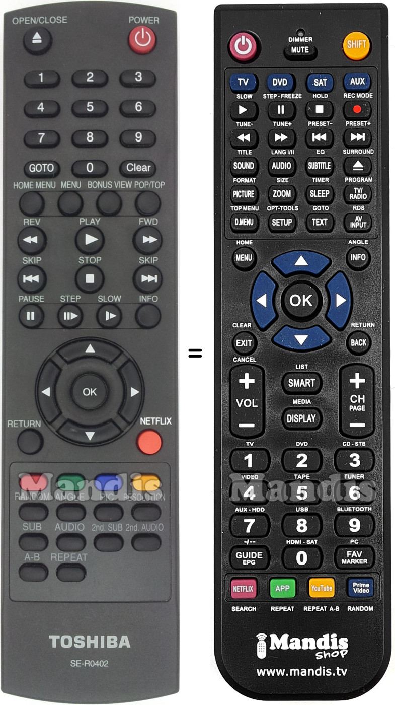 Comandos &agrave; dist&acirc;ncia equivalente Toshiba SE-R0402