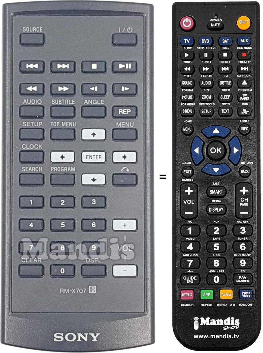 Comandos à distância equivalente Sony RM-X707