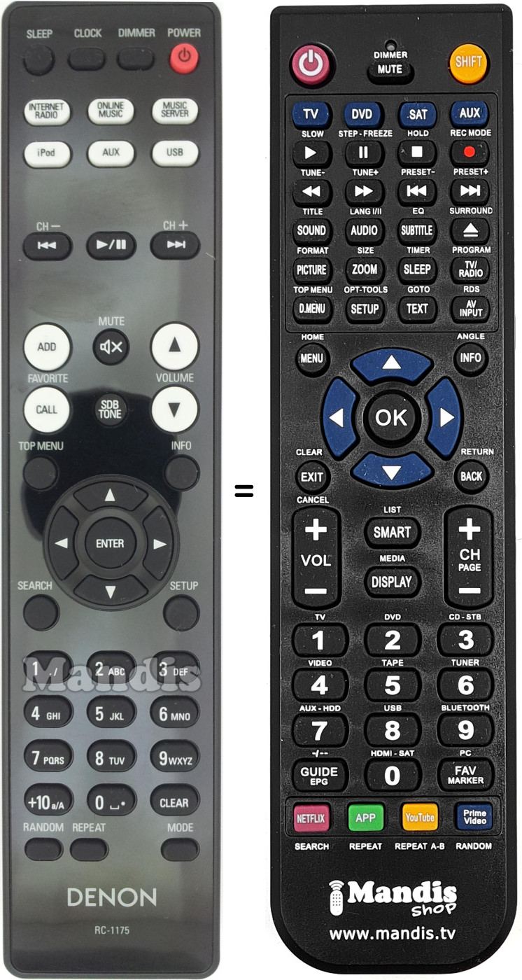 Comandos à distância equivalente Denon RC-1175