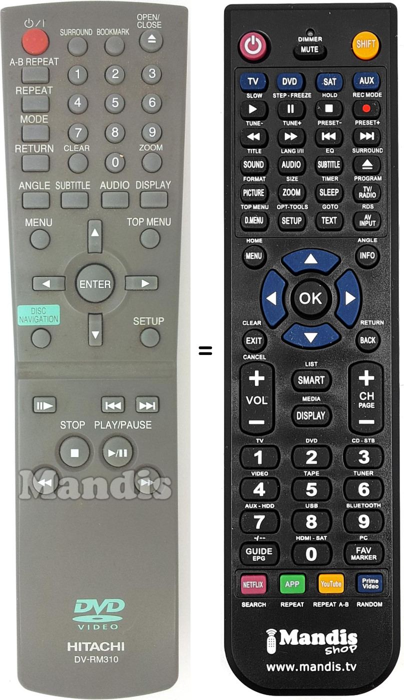 Comandos à distância equivalente Hitachi DV-RM310