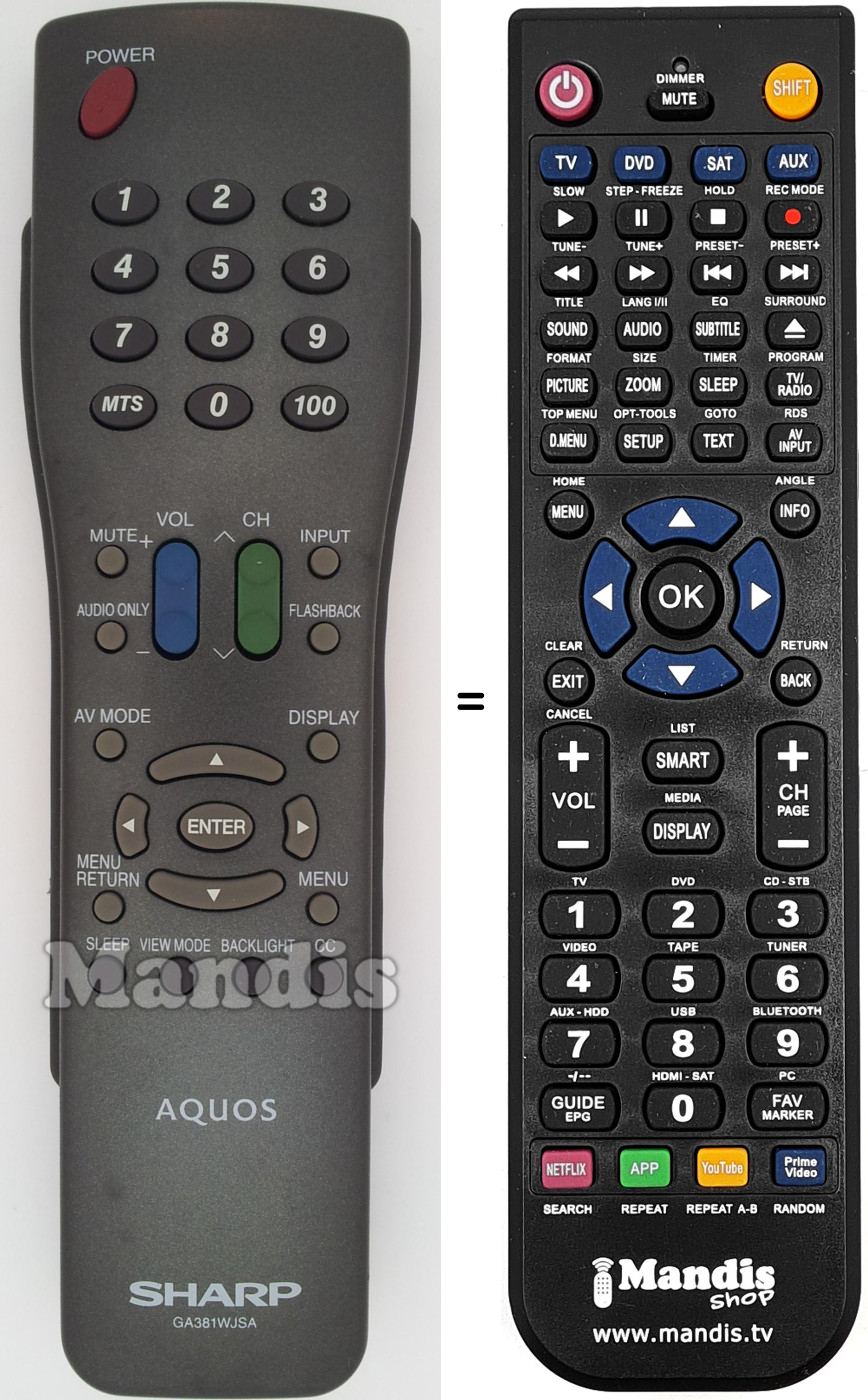Comandos à distância equivalente Sharp GA381WJSA