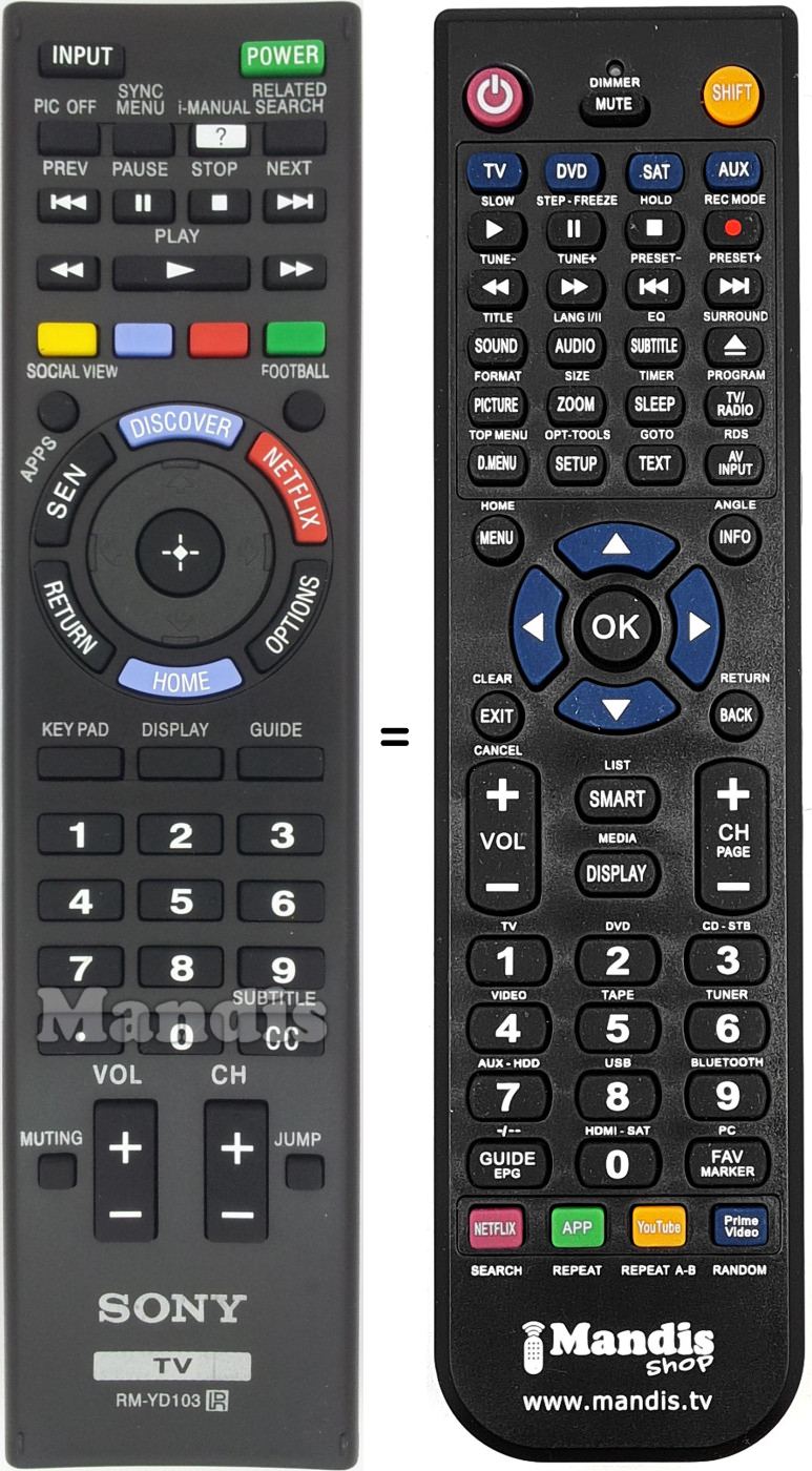 Comandos à distância equivalente Sony RM-YD103