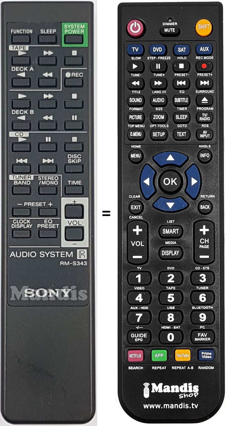 Comandos à distância equivalente Sony RM-S343