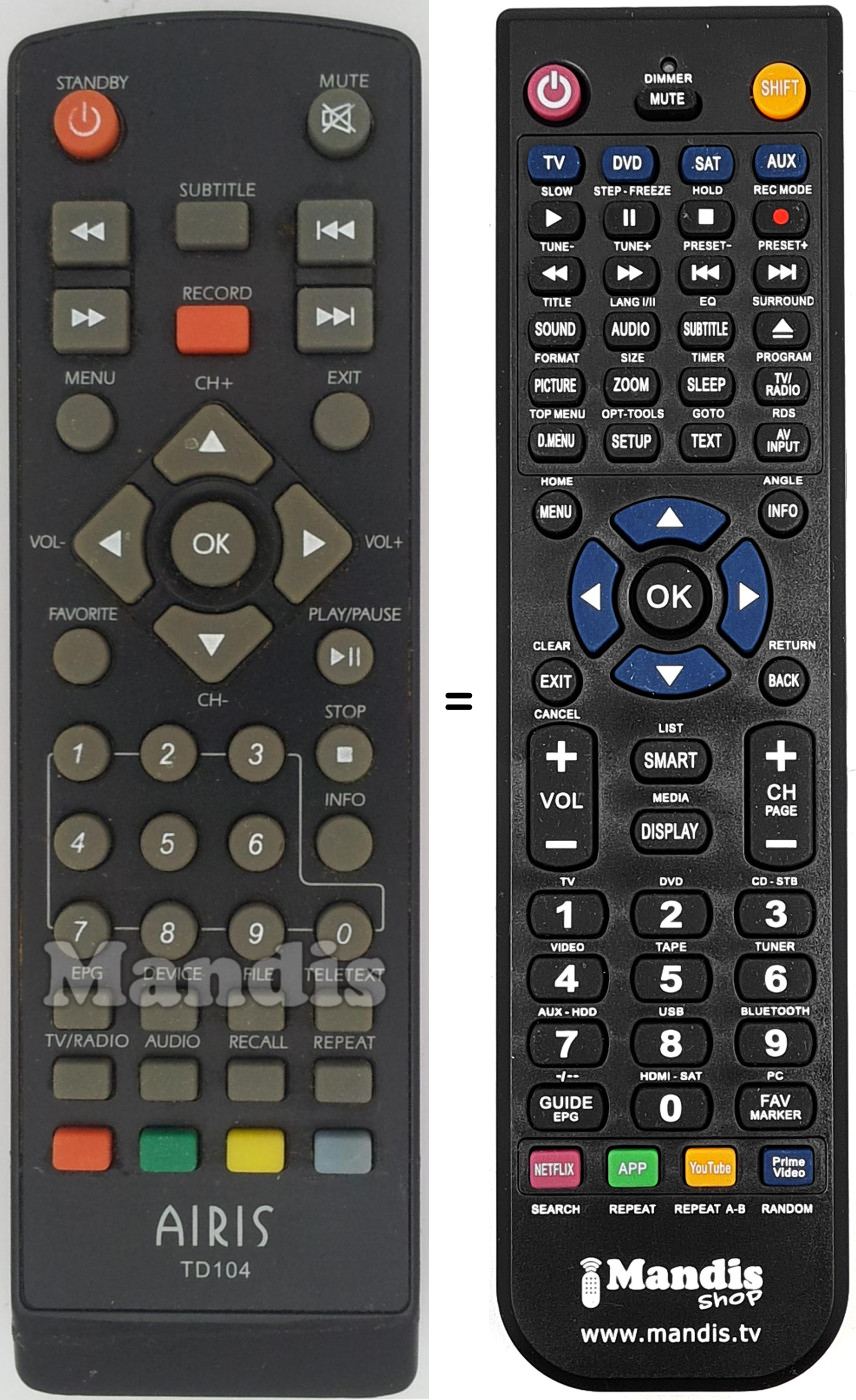Comandos à distância equivalente Airis TD104