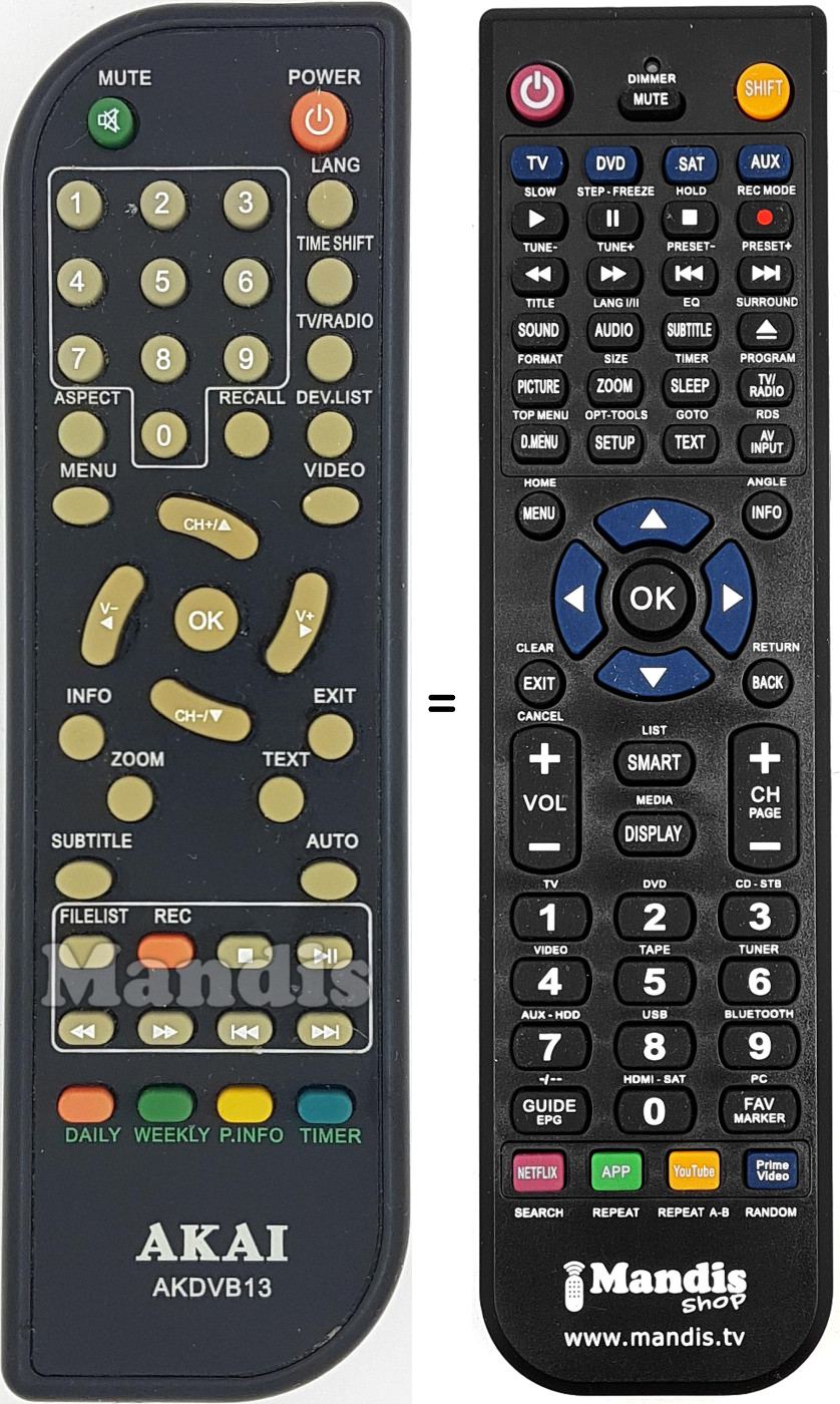 Comandos à distância equivalente Akai AKDVB13