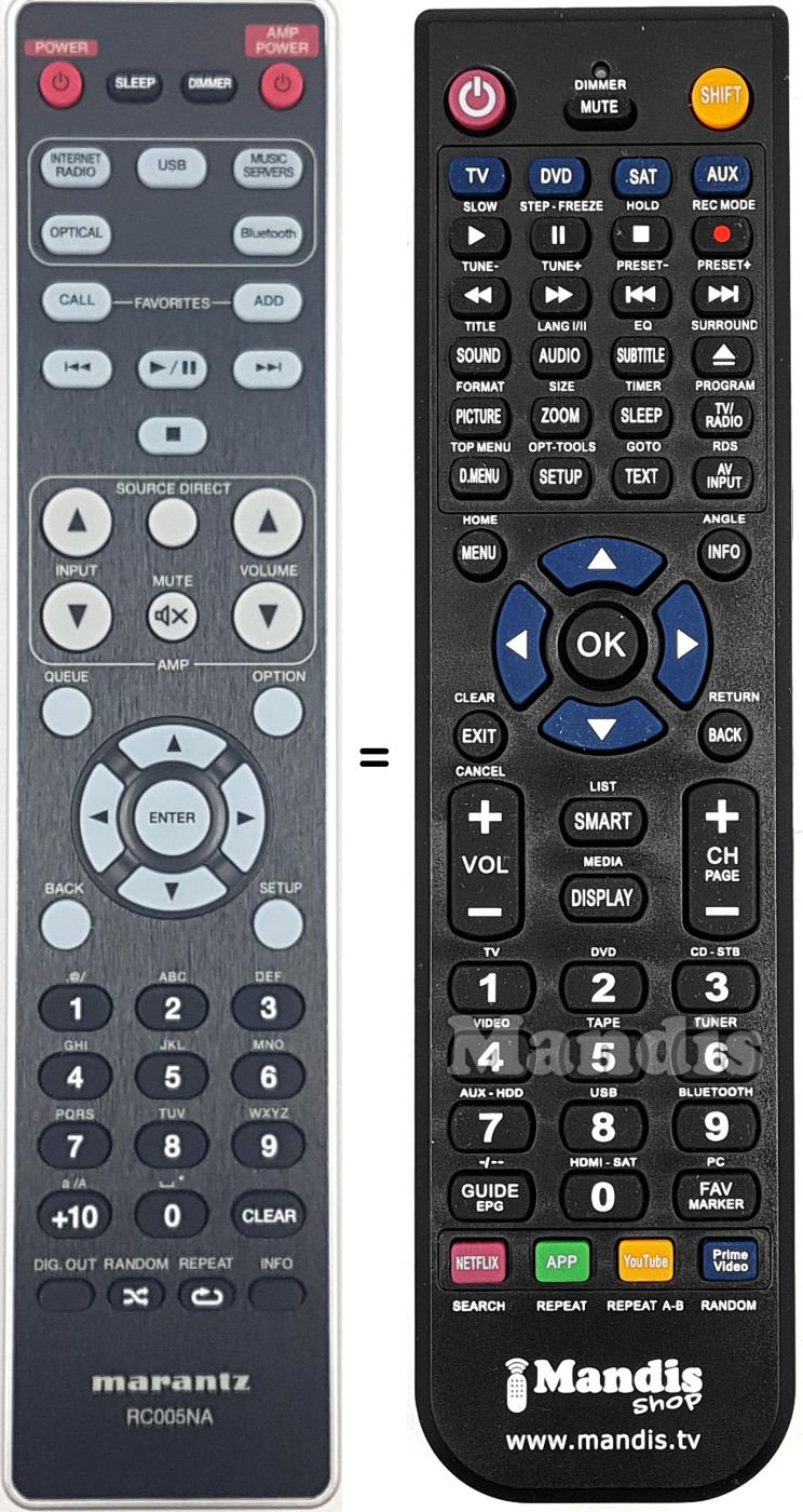 Comandos &agrave; dist&acirc;ncia equivalente Marantz RC005NA